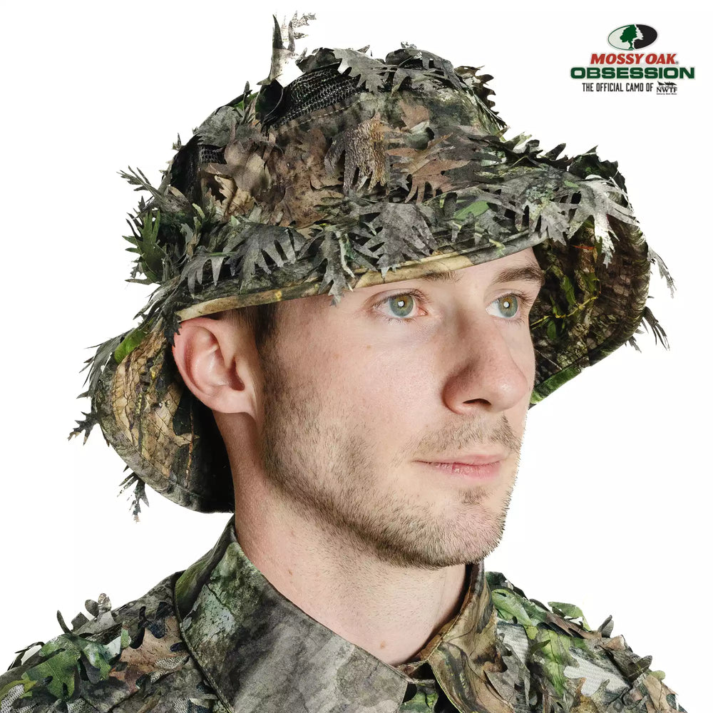 Leafy bucket hat with its face mask tucked away