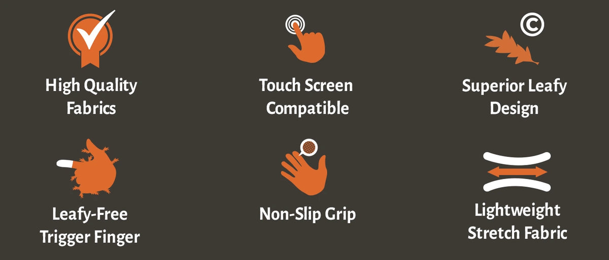 Glove features: 3D leaf cuts, non-slip grip, leaf-free index finger, and a choice of fingerless or touchscreen tips.