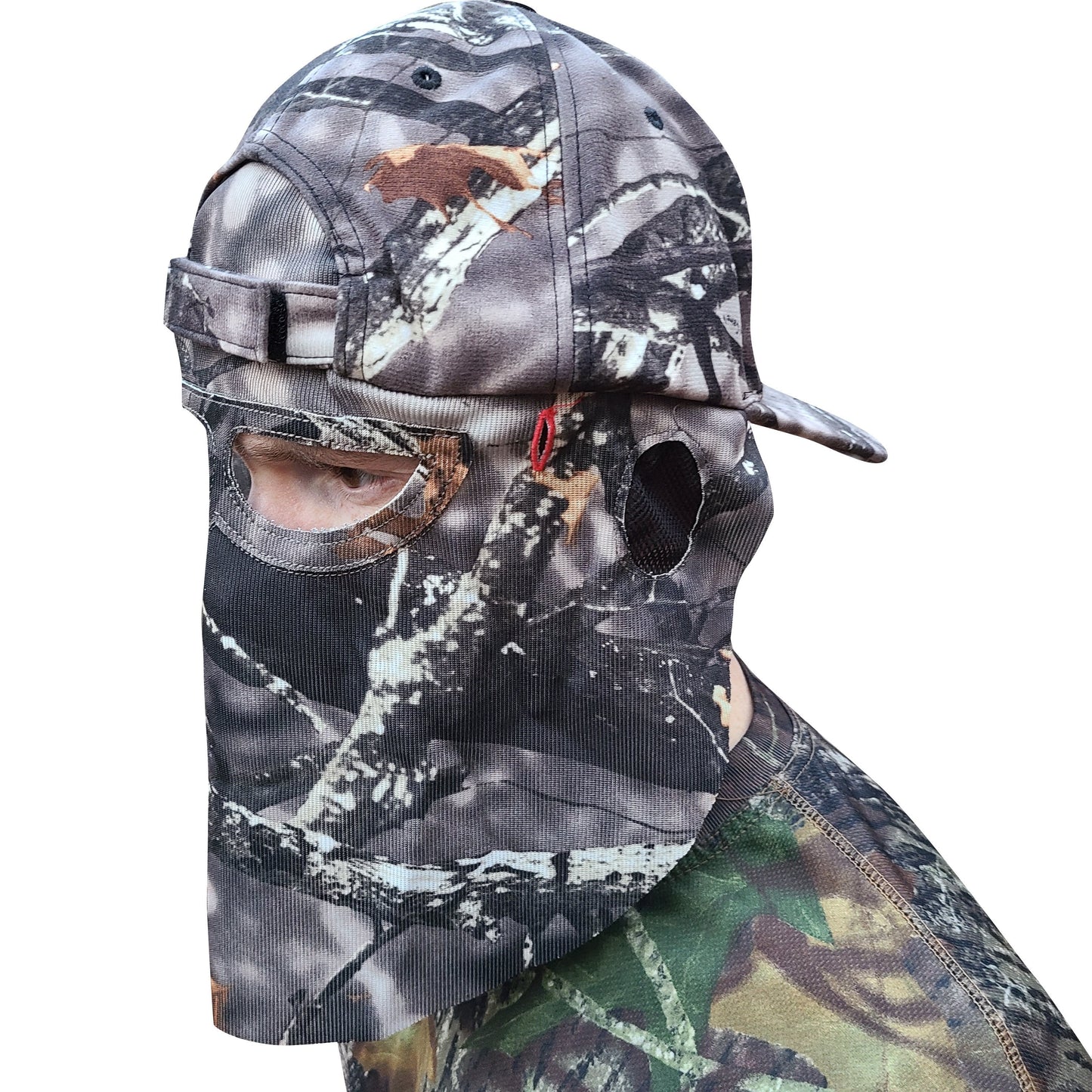 Man Wearing a Mathews Lost Camo Hat Backwards with Face Mask on a Blank White Background